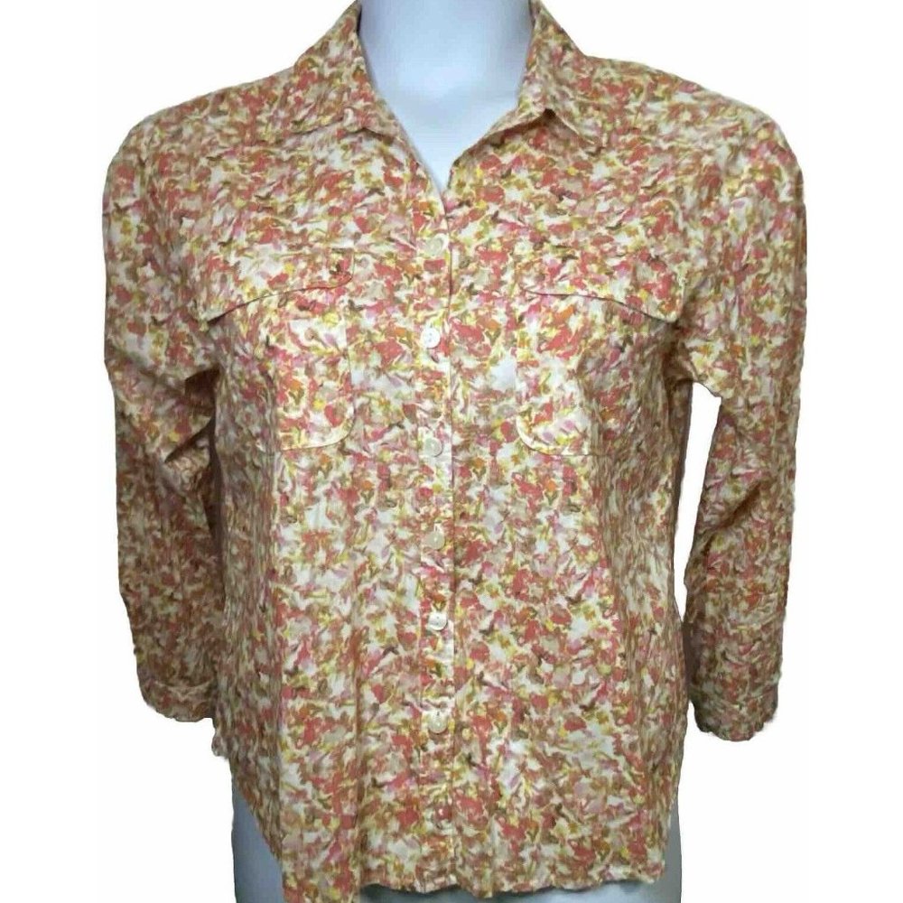 Loft Petite Floral Size Medium Lightweight Cotton Button Roll Tab Sleeve Shirt